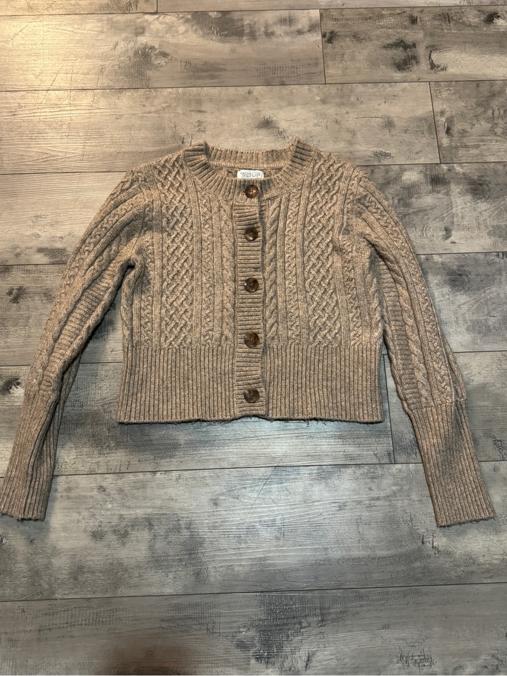 Rachel Zoe Cozy Cable-Knit Button Cardigan Cropper Beige Sweater, Medium